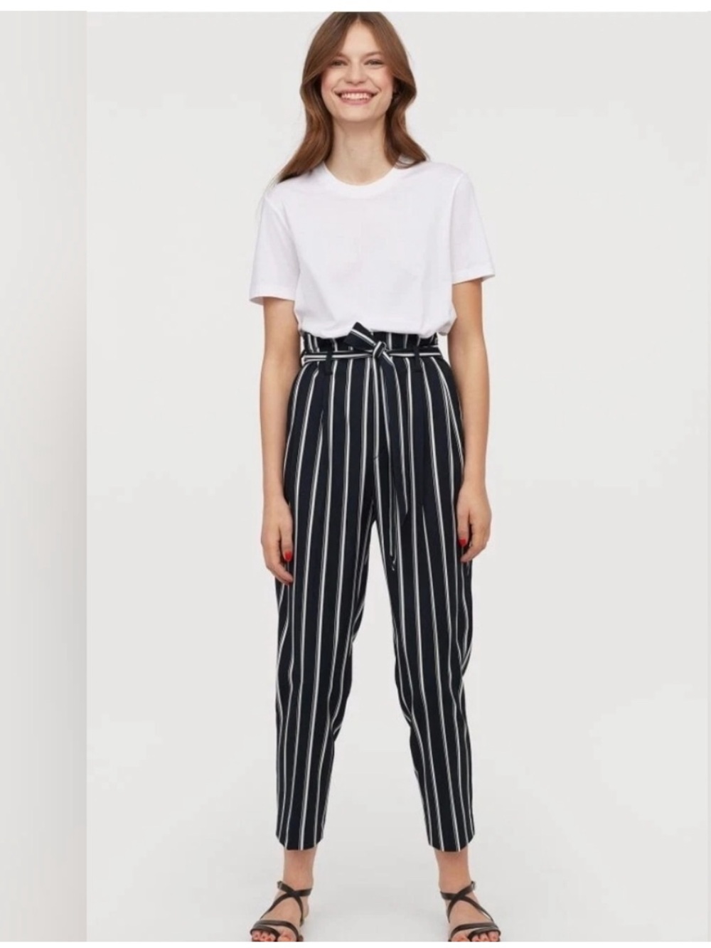 H&M Striped Paperbag Waist Pants - Blue/White